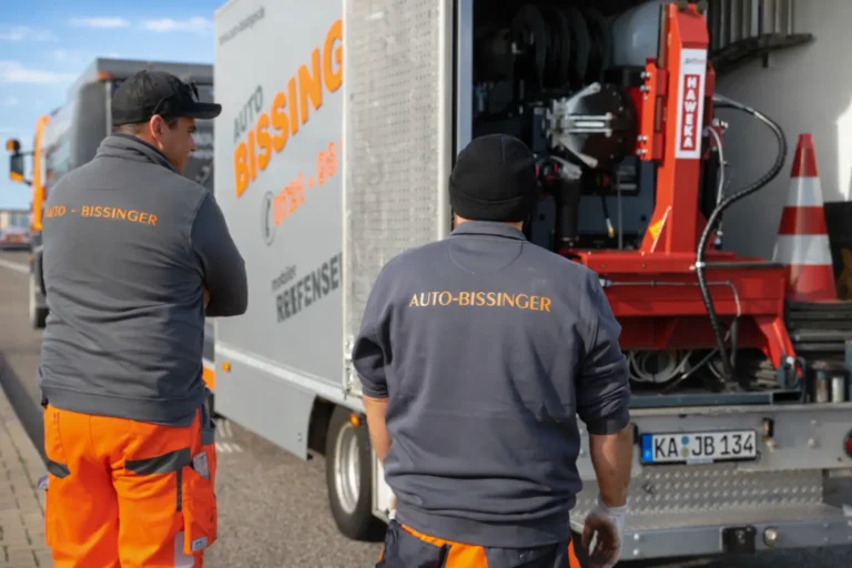Zwei Mitarbeiter von Auto-Bissinger am Reifenservice-Fahrzeug